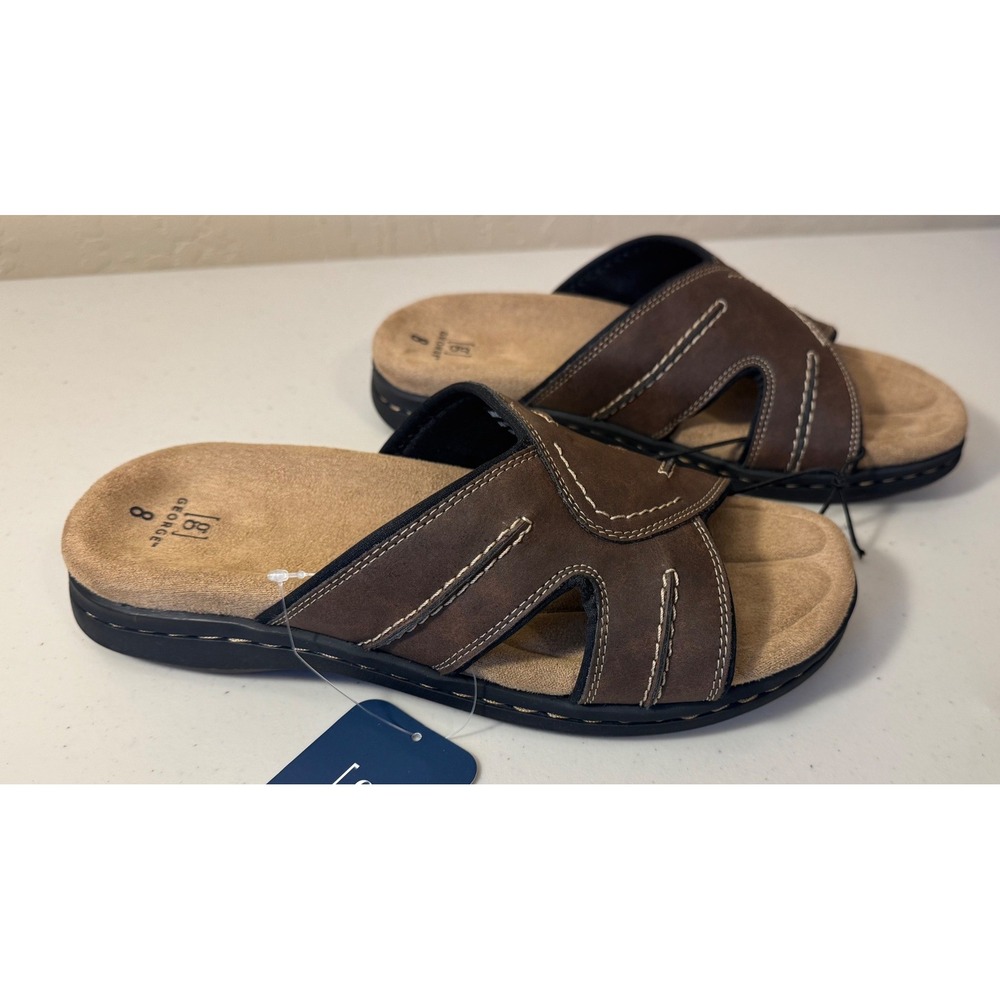 George Sunside Sandals Men Size 8 Brown Slide Cushioned Footbed Casual NEW